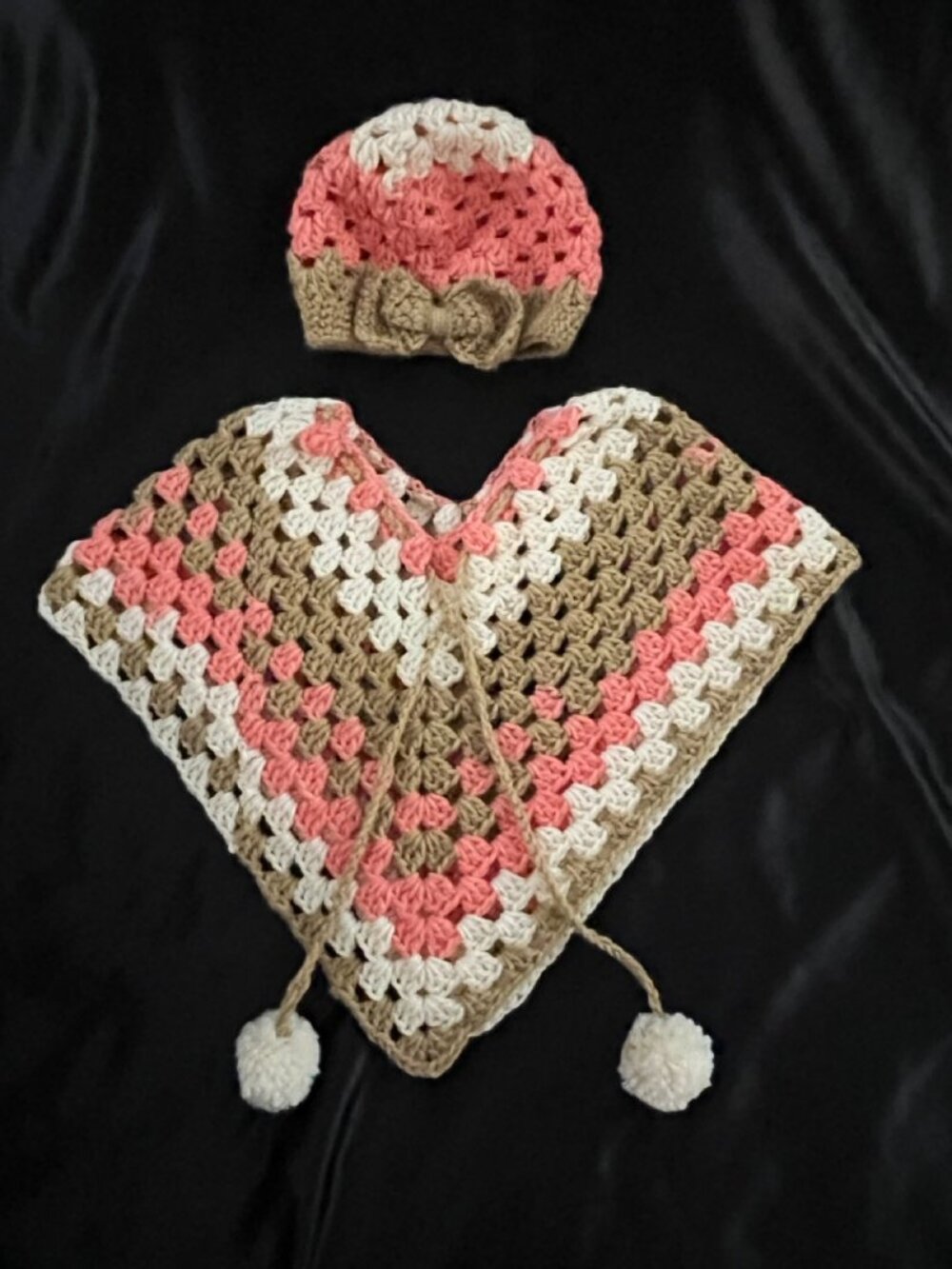 Handmade Crochet Granny Square Poncho and Beanie Hat Set Toddler Girl